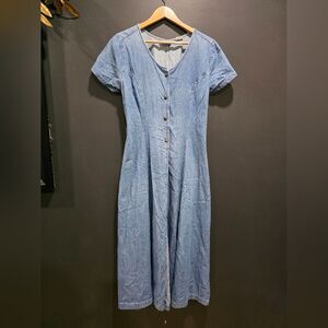 Vintage Cotton Denim Maxi Button Up Maxi dress Sz L Chambray V Neck Short Sleeve